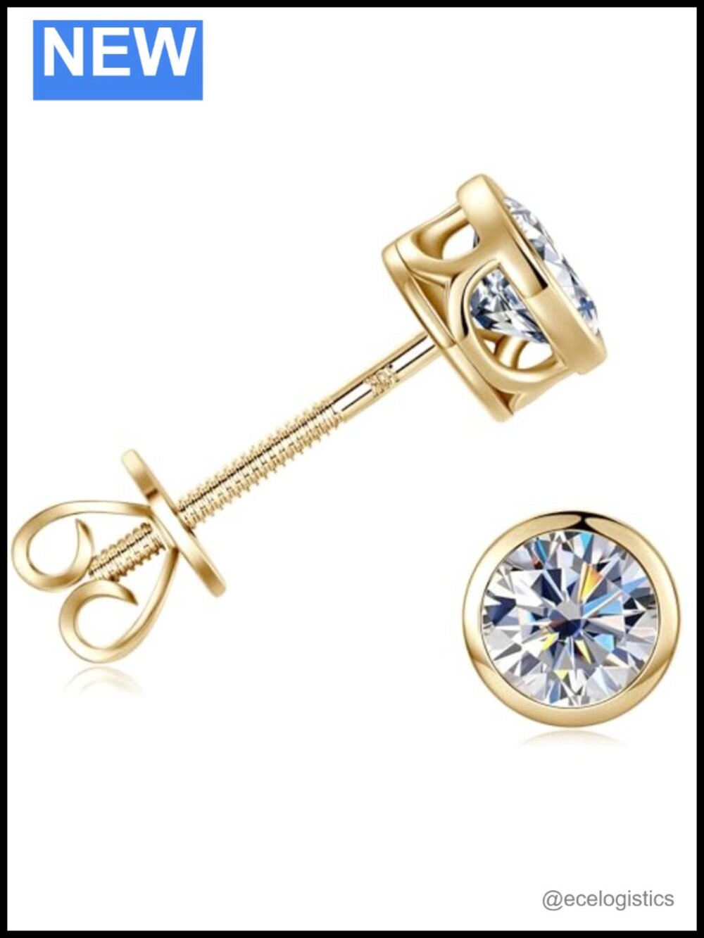 10K Solid Gold Moissanite Stud Earrings Screw Back Bezel Set 1ct
